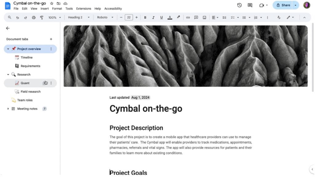 Captura de tela de documento no Google Docs com sistema de abas aberto na lateral esquerda