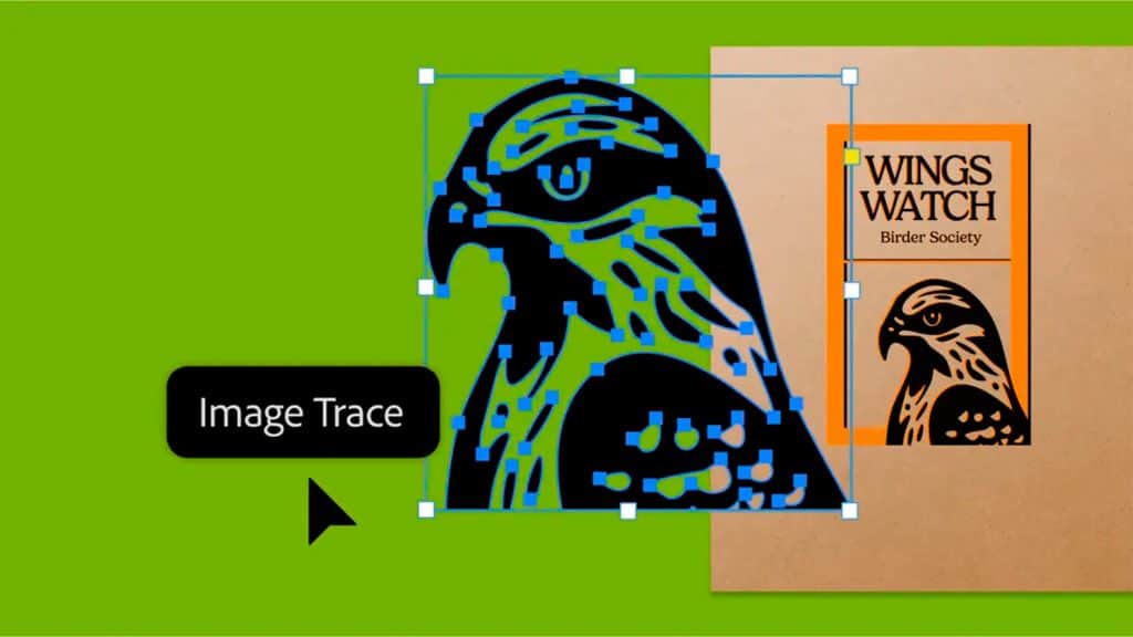 Montagem com recurso Image Trace, do Illustrator, sendo usado em ilustração de falcão na capa de um livro