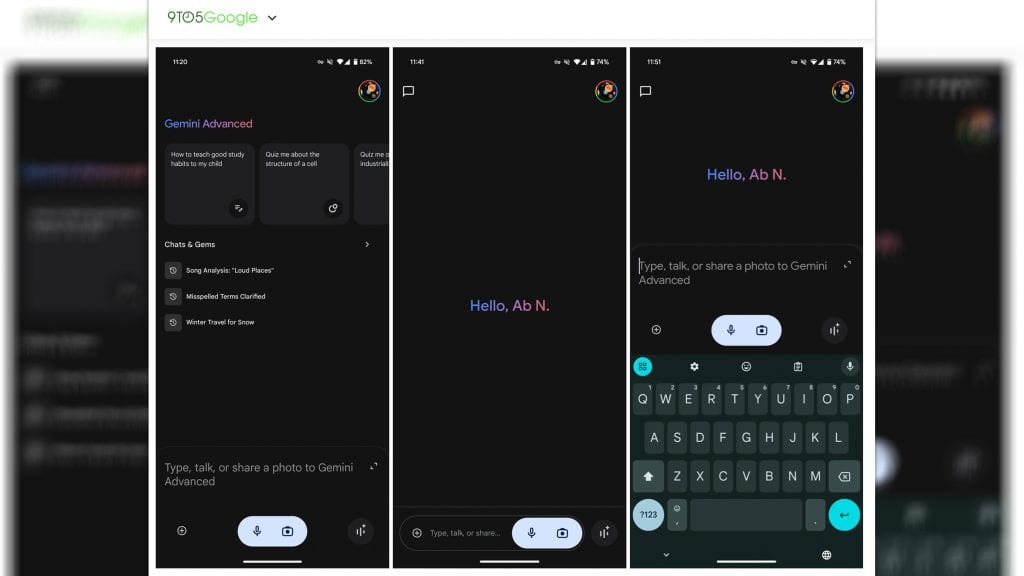 Montagem com capturas de tela comparando versões antiga e nova da tela inicial do Gemini num celular Android