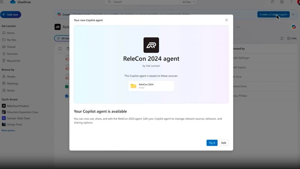Captura de tela de Copilot Agent no OneDrive