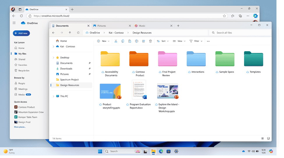 Captura de tela com janelas do OneDrive com pastas coloridas no Windows