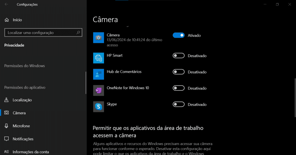 imagem mostra os aplicativos que tem acesso a webcam do pc