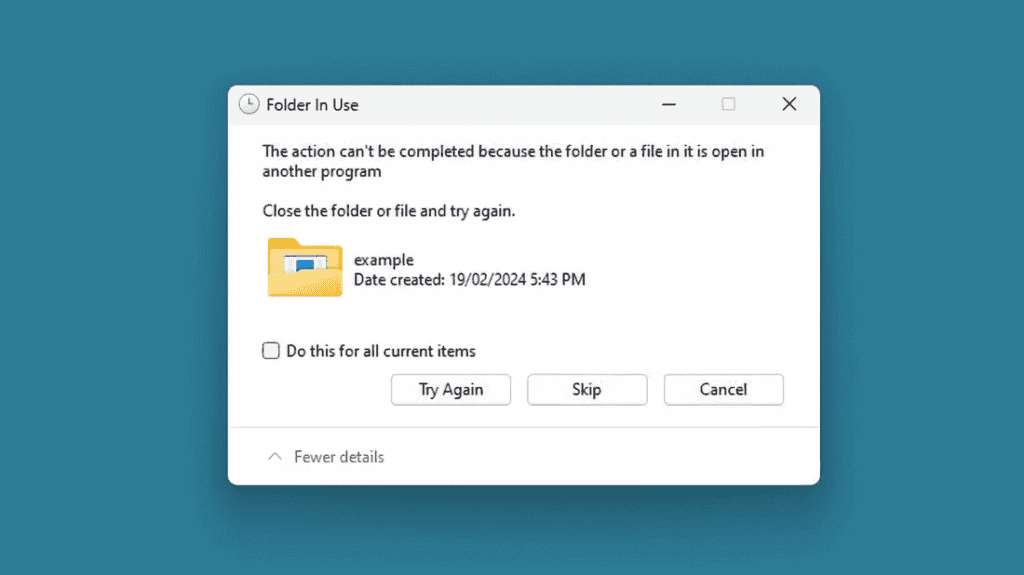 imagem mostra uma mensagem de erro do windows informando que um arquivo não pode ser editado, movido ou excluído