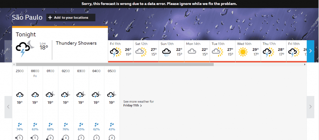 Captura de tela do site da BBC Weather com a temperatura de São Paulo