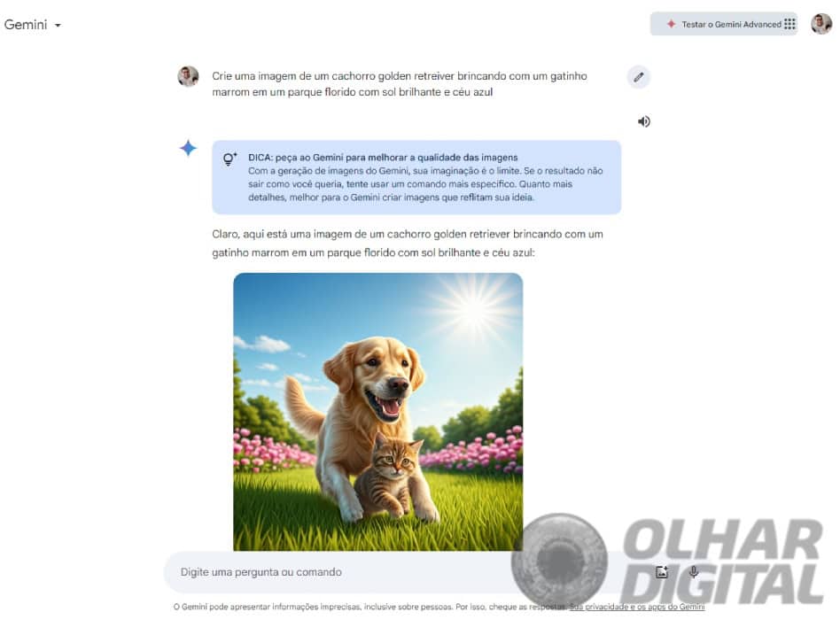 Página web do Gemini exibindo comando pedindo a imagem de um cachorro e um gato brincando; abaixo, a imagem gerada