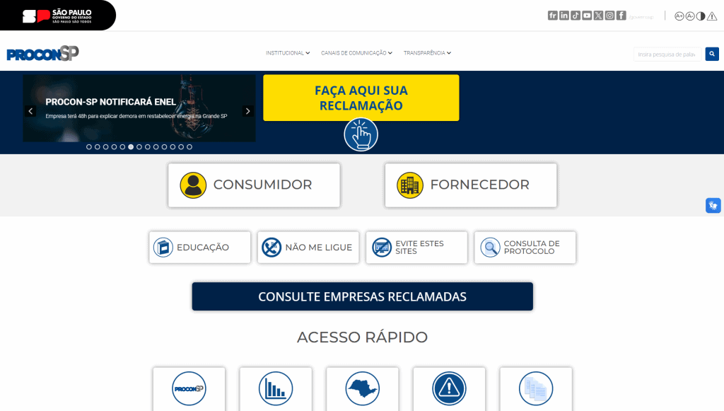 captura de tela do site do procon-sp