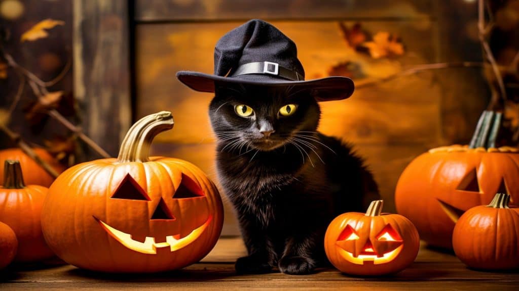 Gato com chapéu de bruxa e lanternas de abóbora, fundo de Halloween/ 