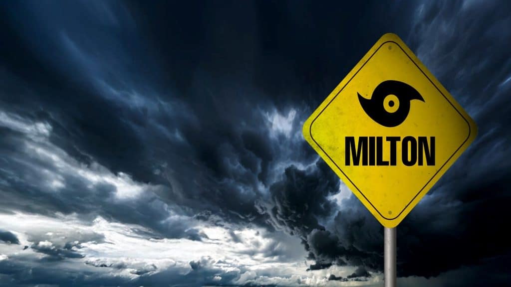 Banner do furacão Milton com nuvens de tempestade ao fundo. Alerta de furacão. Ilustração em 3D