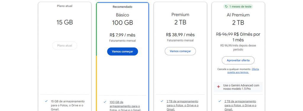 Reprodução de tela com planos de assinatura do Google Drive