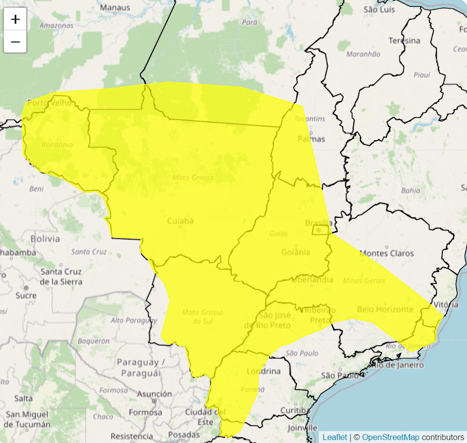mapa de parte do brasil com uma mancha amarela que indica as áreas afetadas