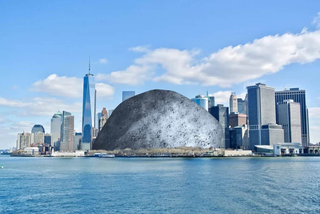 Conceito artístico mostrando o tamanho de Apophis em relação à Lower Manhattan