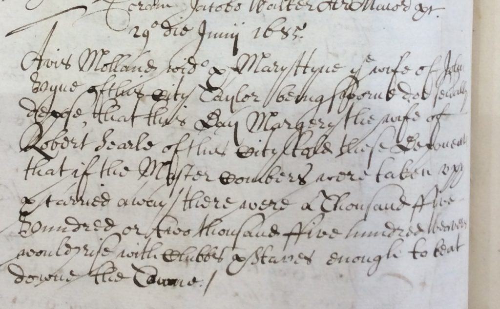 Um documento judicial de 1685 mostrando que Avis Molland testemunhou contra uma mulher que previu um motim