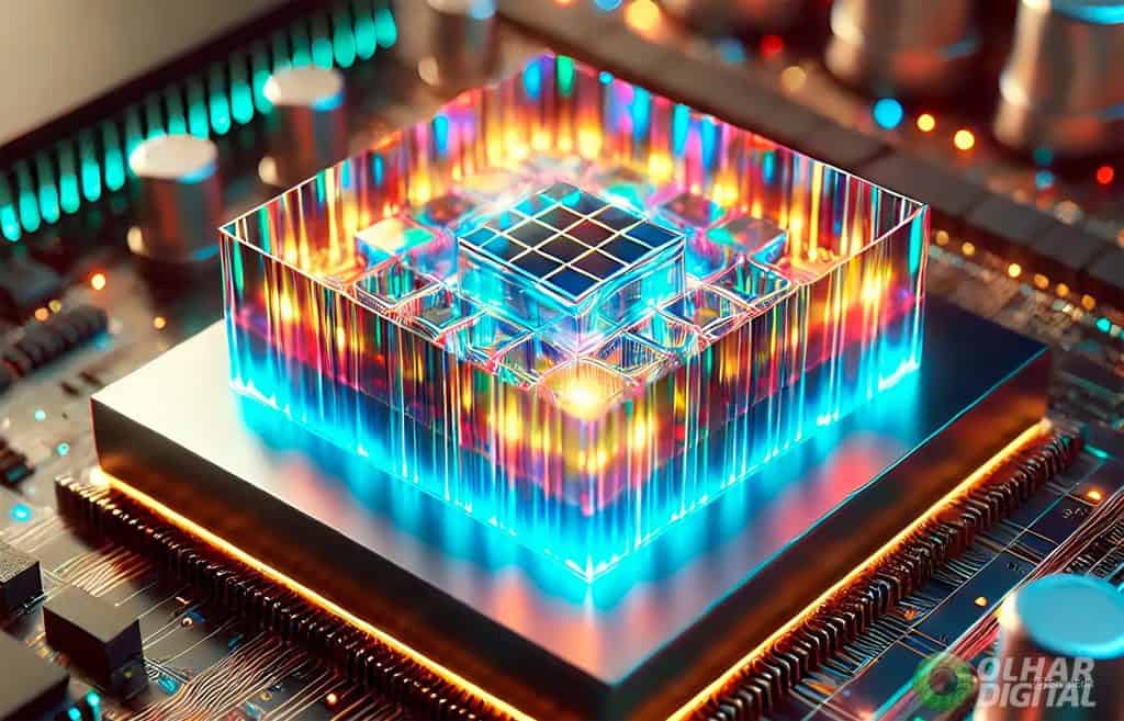 Nesta ilustração artística elaborada com Inteligência Artificial, um material exótico capaz de formar qubits mais confiáveis e avançados aplicado na computação quântica