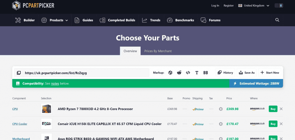 imagem mostra uma lista de peças de hardware feita no site PC PARTS PICKER