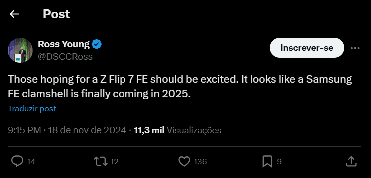 imagem mostra o print de um tweet de Ross Young o qual declara que a samsung pode lançar uma edição especial de celular dobrável em 2025