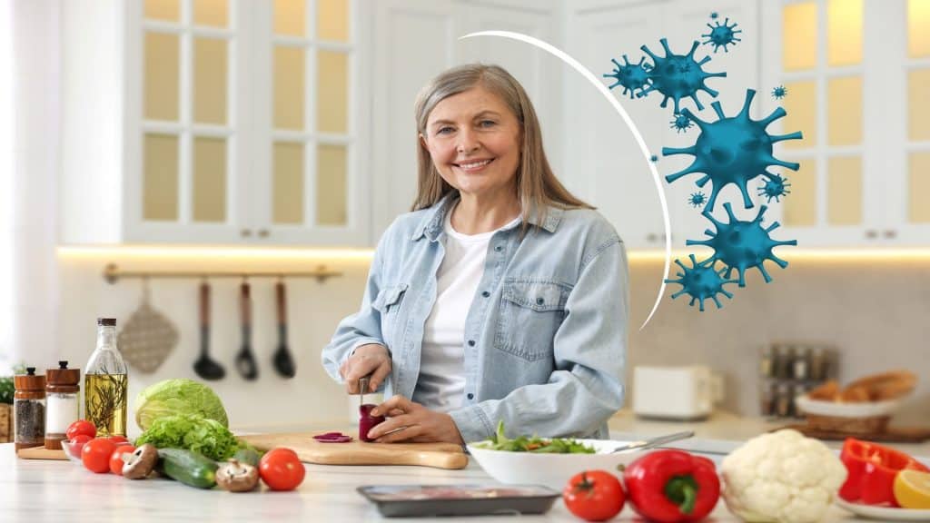 Dieta do tipo sanguíneo ou Wegovy para emagrecimento? Veja o que diz a medicina As informações presentes neste texto têm caráter informativo e não substituem a orientação de profissionais de saúde. Consulte um médico ou especialista para avaliar o seu caso. Mulher feliz com diferentes produtos alimentícios na cozinha. Dieta saudável - imunidade forte.