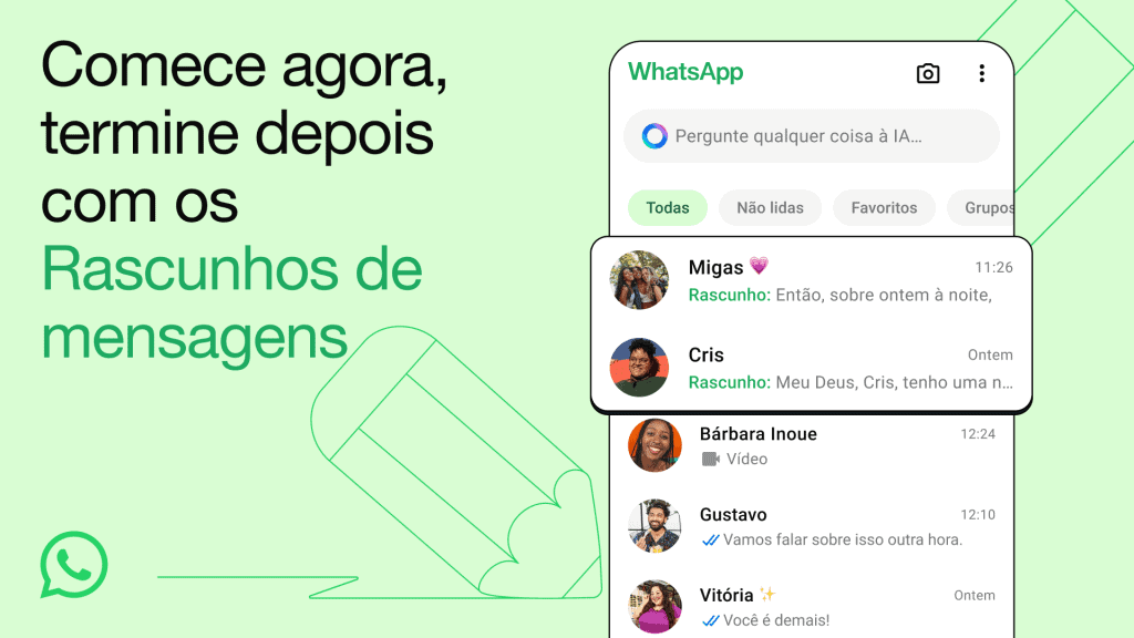 Exemplo de como ficarão as conversas de rascunho no WhatsApp