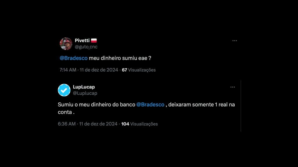 Montagem com capturas de tela de tweets sobre sumiço de dinheiro no aplicativo do Bradesco