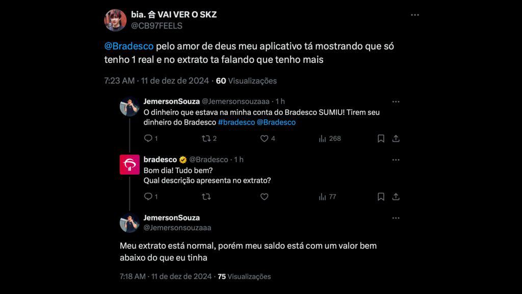 Montagem com capturas de tela de tweets sobre sumiço de dinheiro no aplicativo do Bradesco
