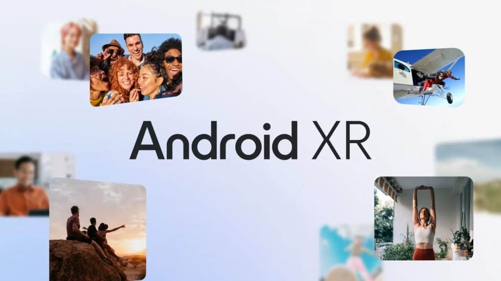 Montagem com logotipo do Android XR do Google rodeado de pequenas fotos