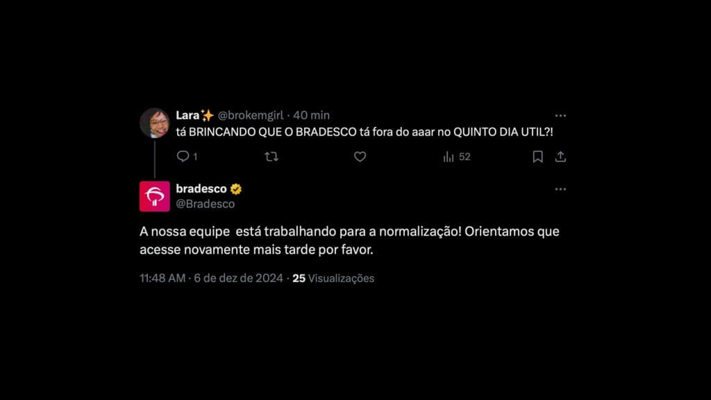 Captura de tela de tweets de usuário e Bradesco sobre instabilidade