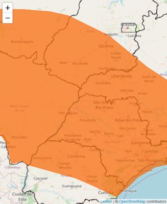 Mapa de São Paulo com previsão de chuvas e ventos