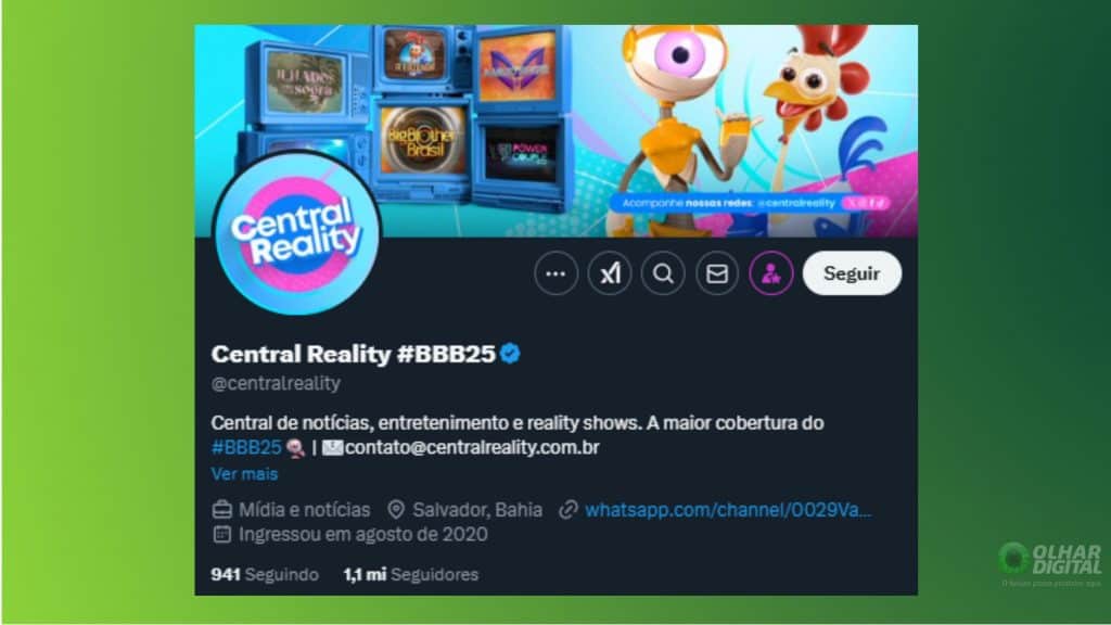 Print do perfil de @centralreality X