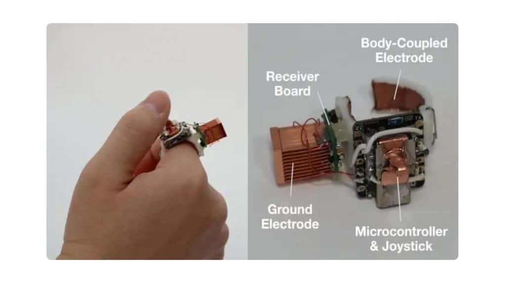 Sem bateria nunca mais! Pesquisadores criam tecnologia que carrega na pele Imagine ser a bateria dos seus dispositivos. Parece mirabolante demais? Coisa de ficção-científica? Talvez. Mas a ideia deu um passo em direção à realidade quando pesquisadores da Universidade Carnegie Mellon (EUA) apresentaram o Power-Over-Skin. Em suma, a tecnologia permite a viagem de correntes elétricas através da pele humana. Sem dar choque. Montagem com fotos de pessoa usando dispositivo e do dispositivo em si com tecnologia Power-Over-Skin, que usa a pele humana como condutor de energia
