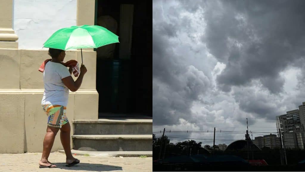 Nova onda de calor fecha o inverno, mas primavera deve começar com refresco Uma nova onda de calor começa nesta quinta-feira (18) e deve levar temperaturas para acima dos 40 ºC em várias partes do Brasil – do norte do Paraná a trechos da região Norte. O calorão deve se estender pelo menos até a próxima segunda-feira (22), segundo a previsão do tempo. Montagem com fotos de mulher andando com sombrinha em dia quente e ensolarado e de céu com nuvens bem carregadas de chuva