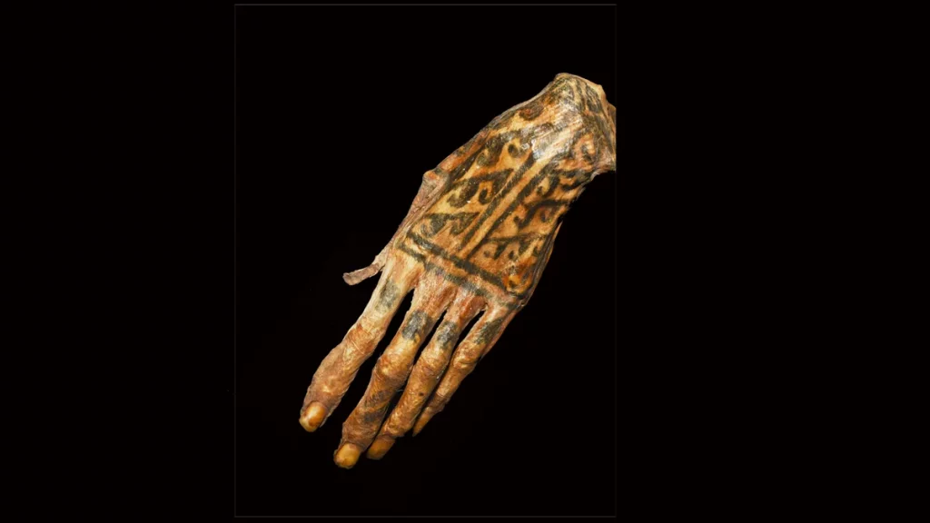 Detalhe de mão mumificada com as tatuagens