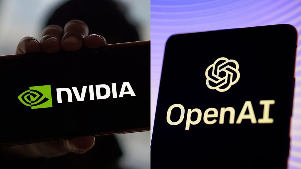Parceria gigantesca: Nvidia vai investir mais de 500 bilhões na OpenAI Nvidia e OpenAI divulgaram nesta segunda-feira (22) que estão trabalhando em uma parceria bilionária: a gigante dos chips vai investir US$ 100 bilhões (mais de R$ 500,3 bilhões) na empresa responsável pelo ChatGPT. O objetivo é permitir que a OpenAI construa data centers de pelo menos 10 gigawatts, rodando as tecnologias da Nvidia. Montagem com fotos de pessoas segurando celulares com logomarcas da Nvidia e da OpenAI na tela
