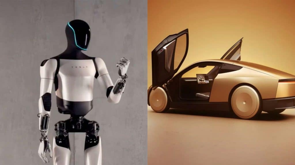 Montagem com fotos do robô humanoide Optimus e do robotáxi Cybercab, ambos da Tesla