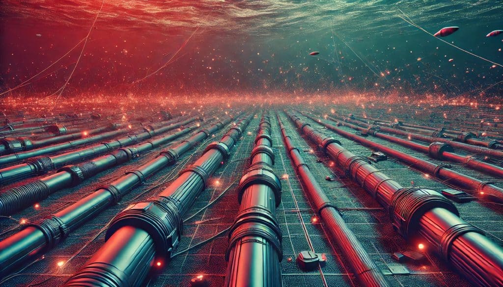 ilustração feita por IA mostrando cabos submarinos de internet em risco