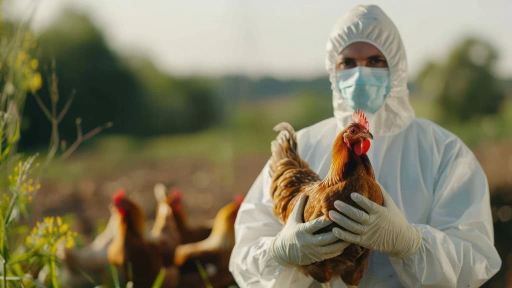 Variante H5N5 da gripe aviária é registrada pela primeira vez em humano nos EUA Autoridades de saúde dos Estados Unidos investigam o primeiro caso humano registrado da variante H5N5 da gripe aviária, identificado em uma moradora do Condado de Grays Harbor, no Estado de Washington. Pessoa com roupa de proteção para evitar contágio segurando uma galinha nas mãos.