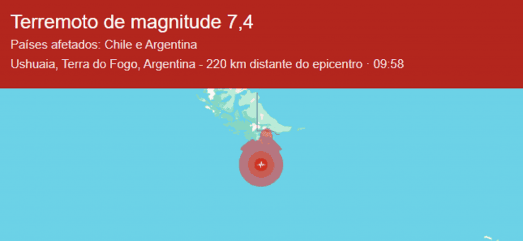Terremoto no Chile: após tremor, país emite alerta de tsunami e desocupa região O Chile registrou um tremor no extremo sul do país, às 8h58 do horário local. O terremoto aconteceu no mar, a 10 km de profundidade. Após a identificação, o país emitiu um alerta de tsunami e pediu que a região costeira de Magalhães, onde o evento aconteceu, fosse esvaziada. Terremoto no Chile: após tremor, país emite alerta de tsunami e desocupa região