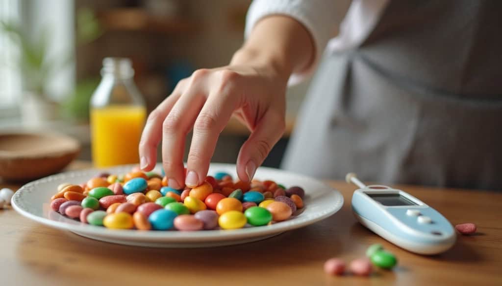 Você sabe o que causa a diabetes? A resposta vai além do açúcar A diabetes é uma doença caracterizada pelo aumento anormal de glicose no sangue e surge quando o organismo não consegue produzir insulina em quantidade suficiente ou não consegue utilizá-la de modo adequado. Pessoa comendo doces e com medidor de glicose perto