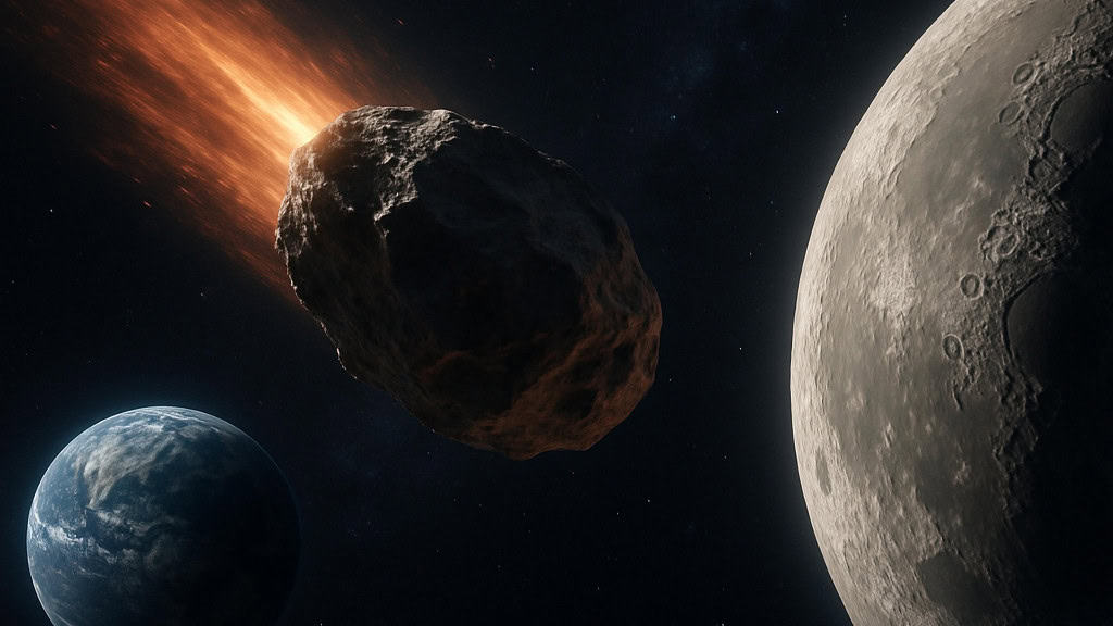 Em 2032, a Terra poderá presenciar uma chuva de meteoros sem precedentes O final de 2032 pode reservar um evento astronômico sem precedentes. O asteroide 2024 YR4, uma rocha espacial de cerca de 60 metros, deixou astrônomos em alerta no ano passado devido a uma pequena chance de colisão com a Terra. Felizmente, novos cálculos praticamente descartaram o risco para o nosso planeta, mas trouxeram uma reviravolta digna de filme: o alvo agora pode ser a Lua, conforme relatado pelo NewScientist. Uma visualização dramática do asteroide 2024 YR4 atravessando o espaço em direção à Lua, com a Terra visível ao fundo.