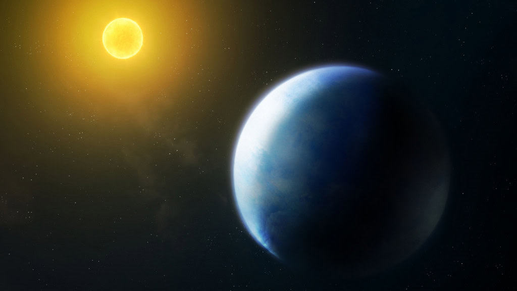 Ilustração de exoplaneta parecido com a Terra perto de estrela parecida com o Sol