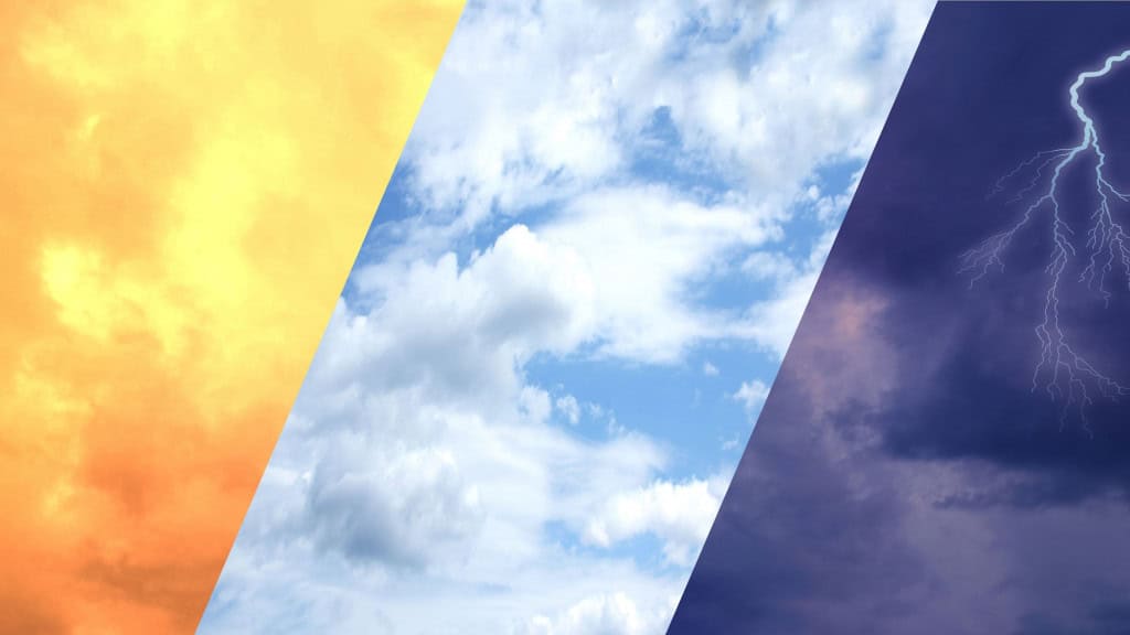 Céu nublado e dramático com relâmpagos ao fundo, representando fenômenos extremos como ondas de calor e tempestades.