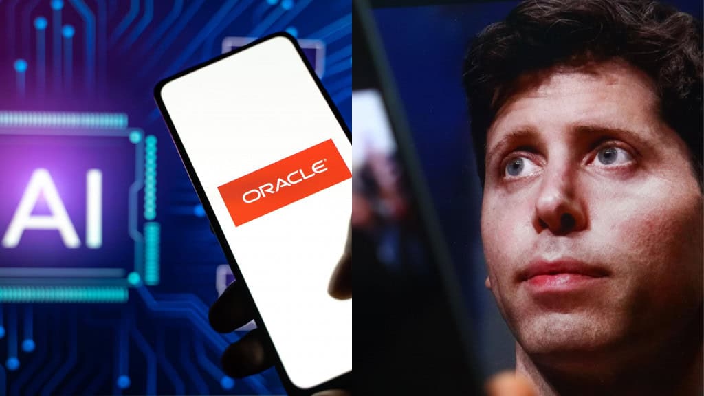 Montagem com fotos de pessoa segurando celular com logomarca da Oracle e de tela exibindo foto de Sam Altman, CEO da OpenAI