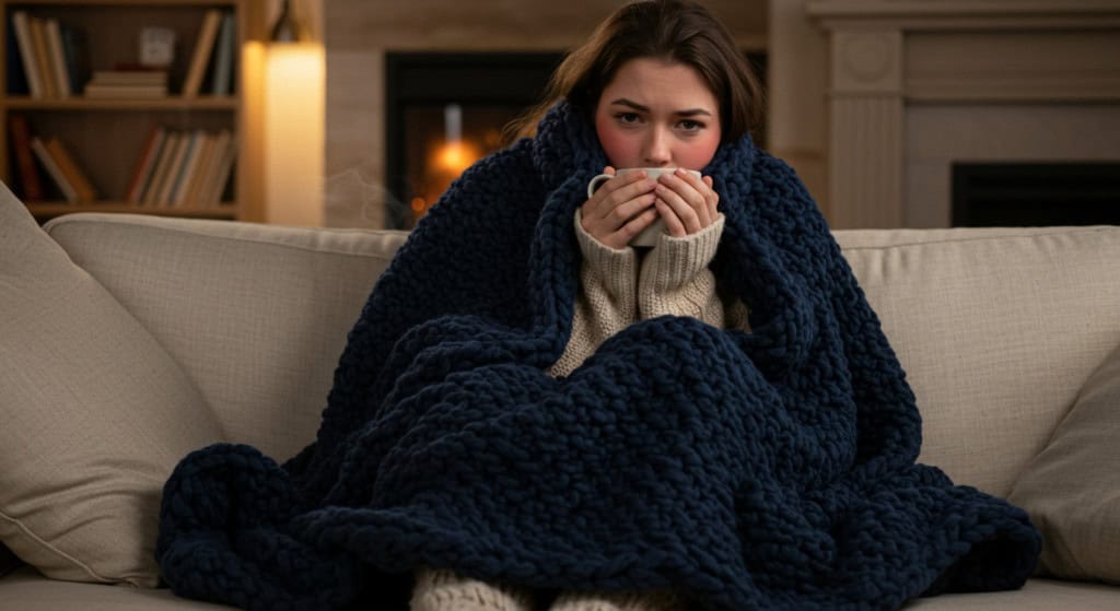mulher coberta com frio em sua casa