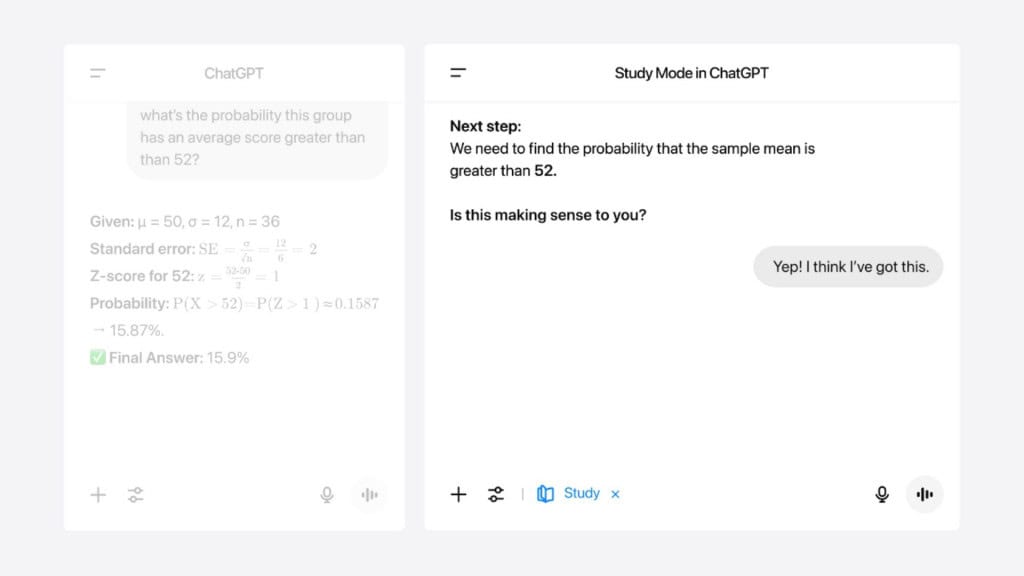 Montagem com capturas de tela comparando modo normal com Modo Estudo do ChatGPT