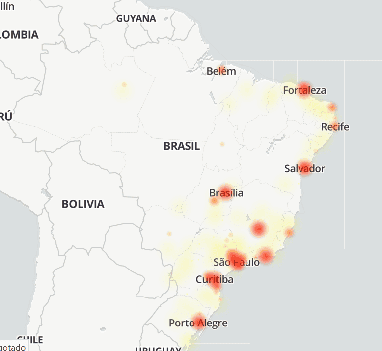 Mapa do Brasil que mostra quais regiões foram mais afetadas pela falha no X
