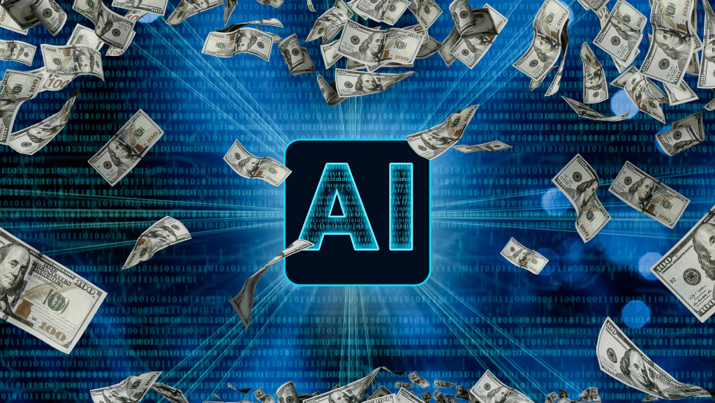 Ao centro, está escrito "AI"; ao redor, notas de dinheiro caindo