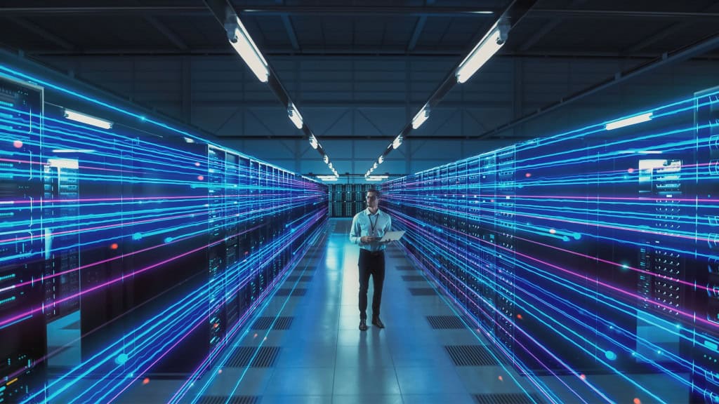 Data centers de IA podem impulsionar energia eólica no Brasil Dados do Operador Nacional do Sistema Elétrico (ONS) apontam que, em 2024, 15,5% da energia brasileira foi gerada pelos ventos. O Brasil tem hoje 1.143 parques eólicos, com 11.990 aerogeradores operando em 12 estados, segundo a Associação Brasileira de Energia Eólica (ABEEólica). Ilustração de homem andando em data center com linhas de dados ao redor dele