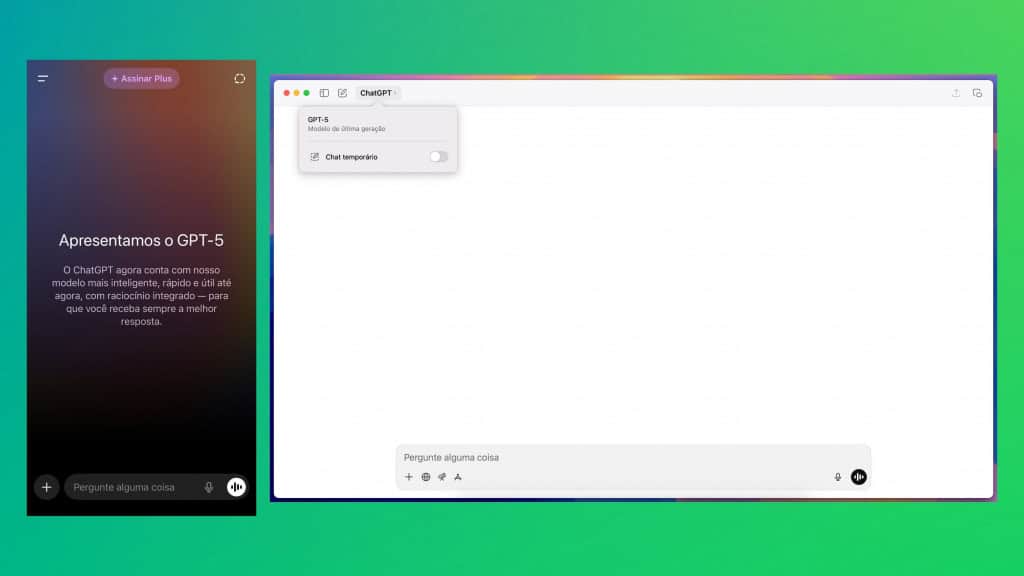 Montagem com capturas de tela do ChatGPT com GPT-5 em iPhone e Mac