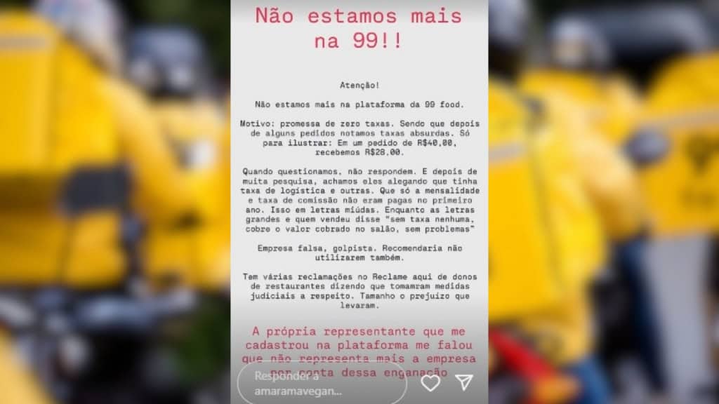 Captura de tela de story com reclamação de restaurante sobre 99Food
