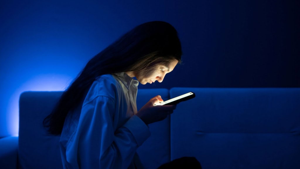 Vício em celular? 5 possíveis sintomas para ficar de olho As informações presentes neste texto têm caráter informativo e não substituem a orientação de profissionais de saúde. Consulte um médico ou especialista para avaliar o seu caso. Uma pessoa jovem parece estar com um problema de visão em uma sala mal iluminada, sugerindo o estresse da má visão ao visualizar dispositivos a uma curta distância.