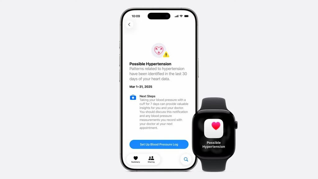 Quer saber sua pontuação de sono? Apple Watch leva novidade a modelos antigos A Apple anunciou novos recursos de monitoramento de saúde junto aos novos modelos do Apple Watch. Entre eles estão os alertas de hipertensão e a pontuação de sono (Sleep Score). A boa notícia: essas funções não ficam restritas às linhas mais recentes. Montagem mostrando alerta de hipertensão em iPhone e Apple Watch