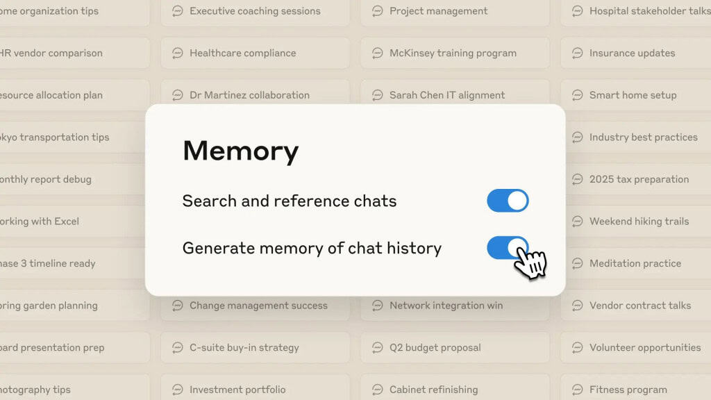 Claude vai lembrar de conversas antigas – e ter ‘aba anônima’ A Anthropic anunciou um novo recurso para o Claude, seu chatbot de inteligência artificial (IA): a capacidade de lembrar automaticamente de conversas anteriores. Com isso, o assistente passa a incorporar nas respostas informações sobre projetos, preferências e prioridades, sem que o usuário precise explicar o contexto a cada interação. Montagem mostrando como a memória do Claude, da Anthropic, funciona